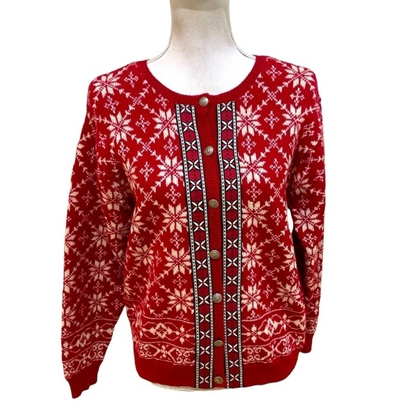 Talbots 100% wool Nordic fair isle cardigan sweater red snowflakes design size 8 - Picture 1 of 11